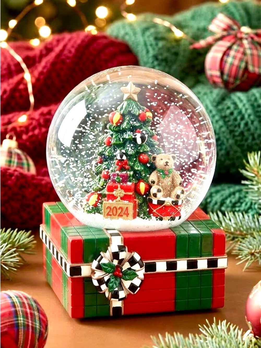 MacKenzie-Childs 2024 Musical Christmas Snow Globe Tree Teddy Bear Courtly Check